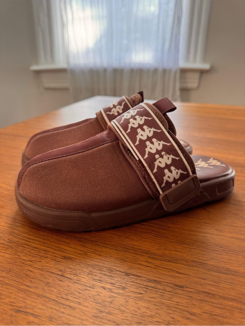 Kappa 222 Banda Marlam Brown Canvas Slide Clogs Slip-On Velcro Logo Sandals